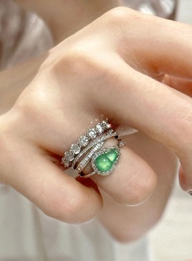 日系Cherry Kitty轻奢国潮满钻交叉绿葫芦戒指女ins新中式宫廷风