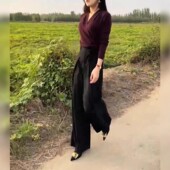 t恤高腰阔腿裤 日本cherry 高级感v领交叉长袖 新款 女 kitty秋季