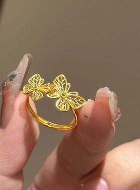 日系Cherry Kitty新中式镂空花丝蝴蝶戒指女vintage清新百搭指环