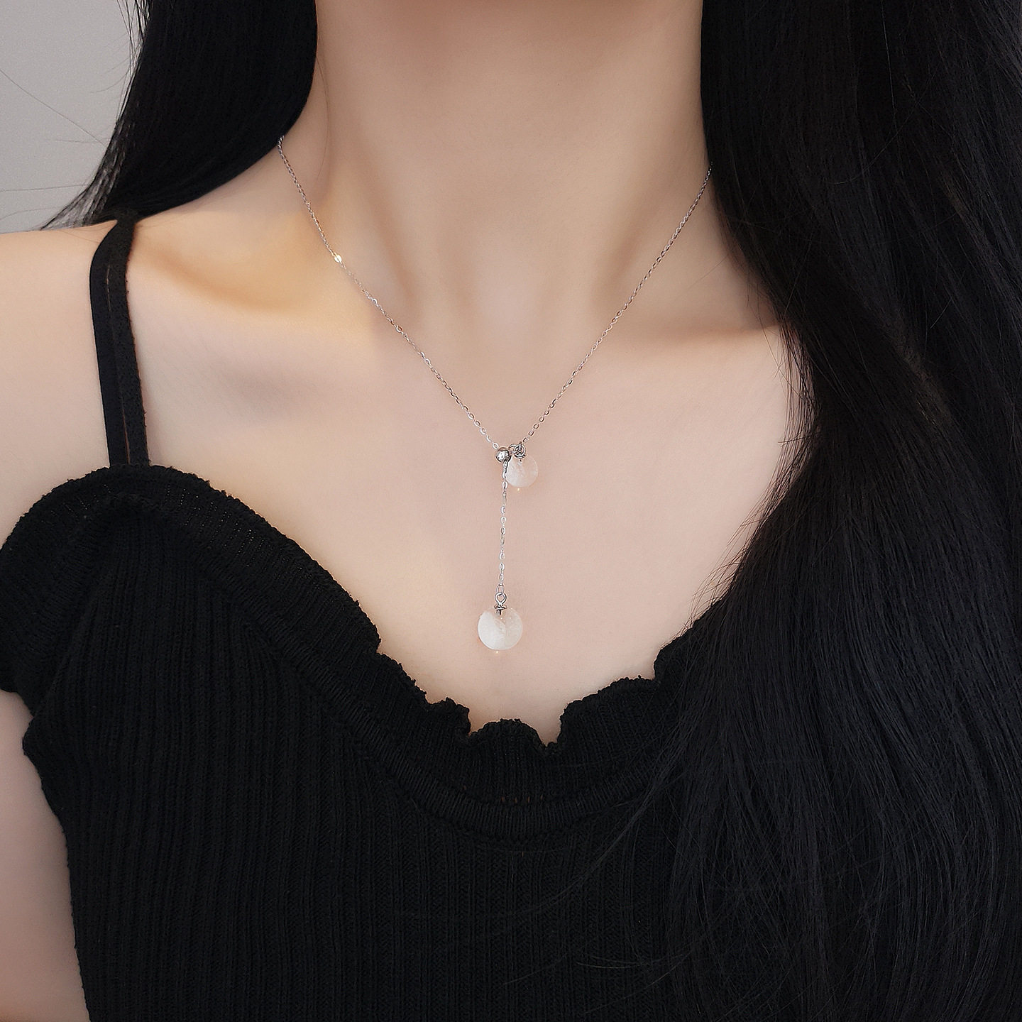日系设计师topwhit925银冰透白水晶项链女冷淡风ins双圆球滑珠可