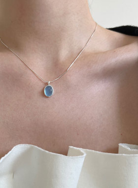 日系cherry kitty925银月光石海蓝宝项链独特设计椭圆石蛇骨链