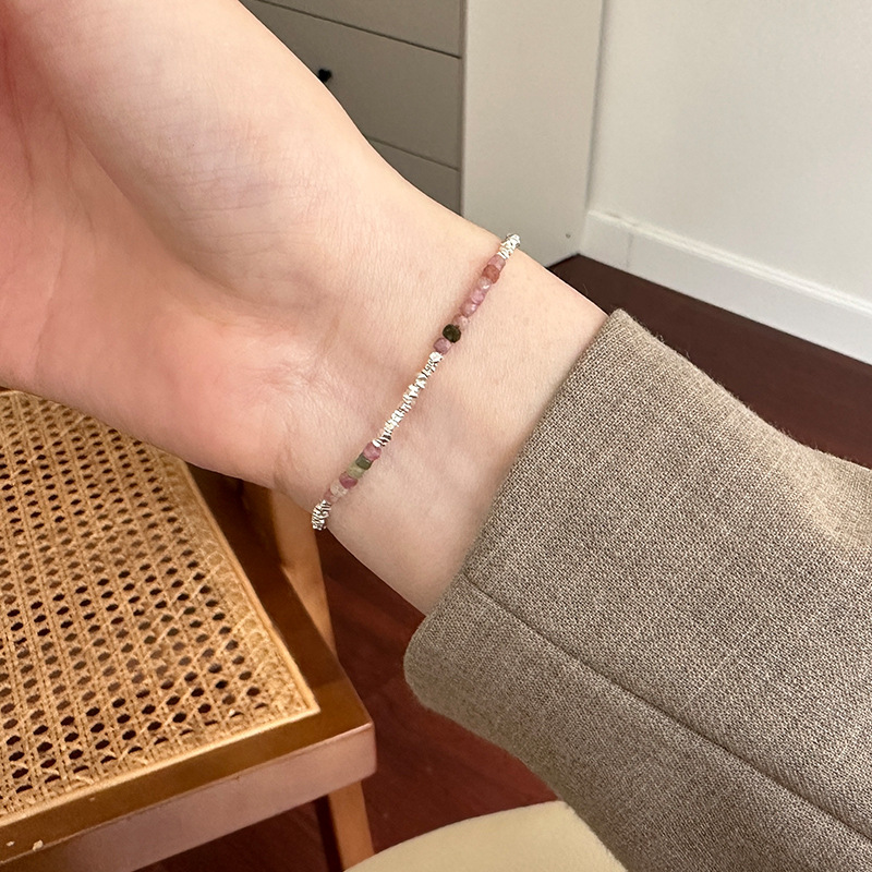 日系cherry kitty925银不规则碎银子碧玺手链简约设计闺蜜手环年