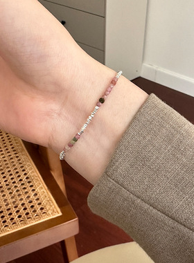 日系cherry kitty925银不规则碎银子碧玺手链简约设计闺蜜手环年