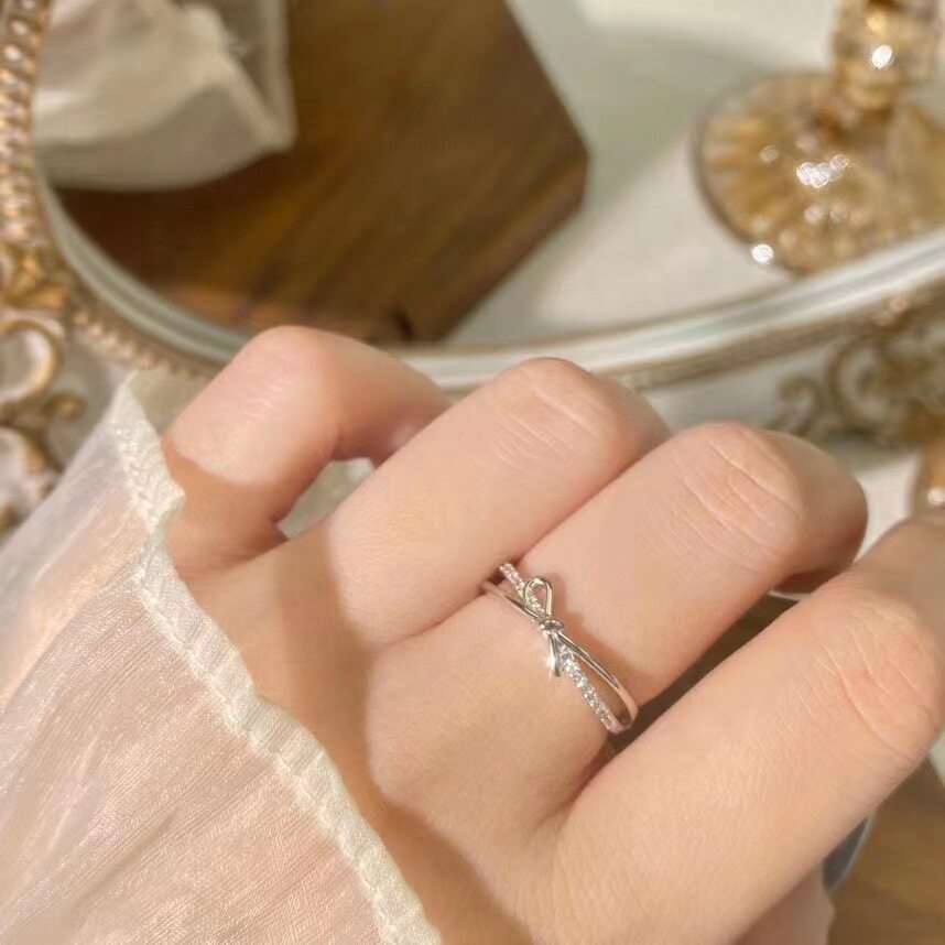 日系设计师topwhits925银绳结戒指女可调节ins简约双层镶钻个性