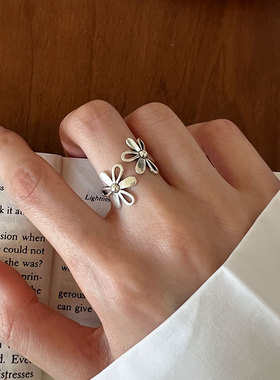 日系cherry kitty花朵戒指女s925通体银ins风开口复古指环个性