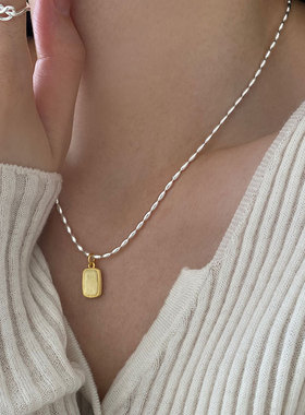 日系cherry kitty磨砂方块项链s925银金银拼色凹凸面方形锁骨链