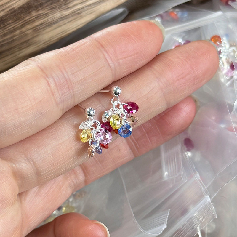 日系cherry kitty925银彩色锆石耳钉女简约森系文艺小清新气质
