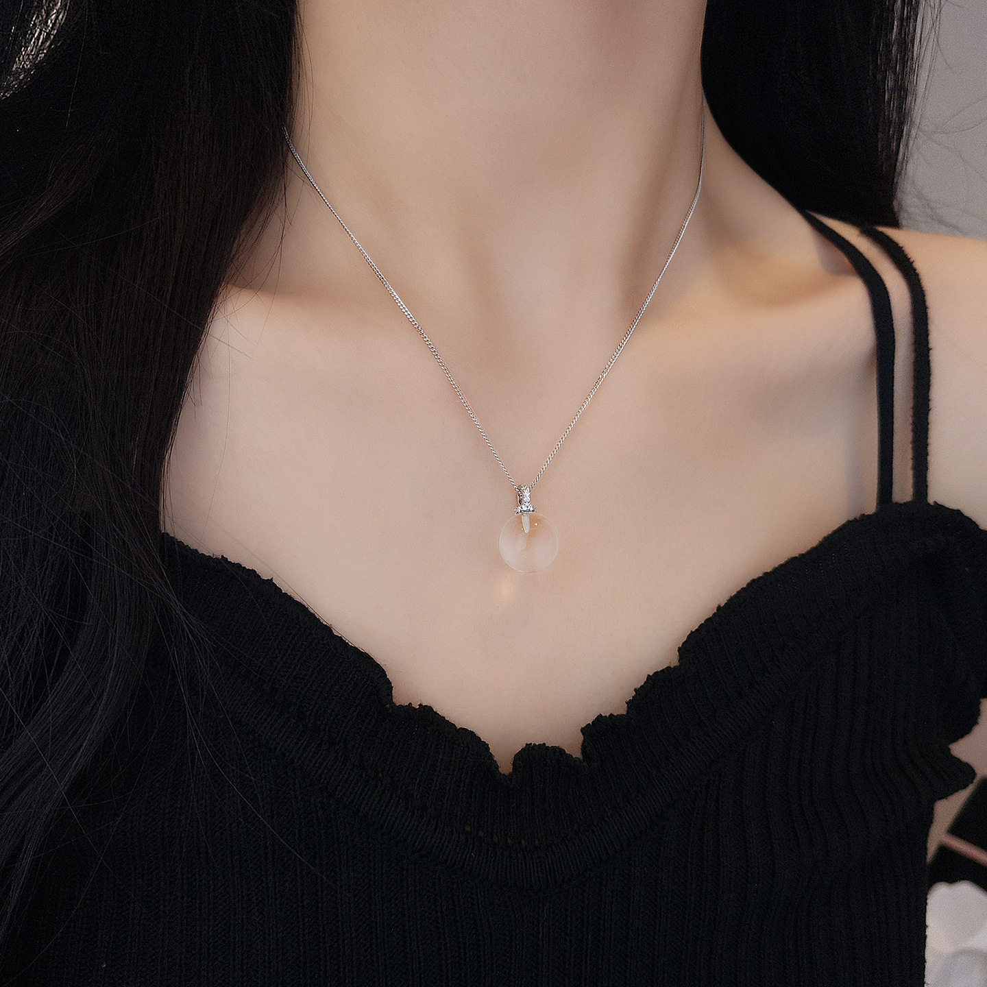 日系设计师topwhits925银白水晶球吊坠项链女清透圆球小众设计感