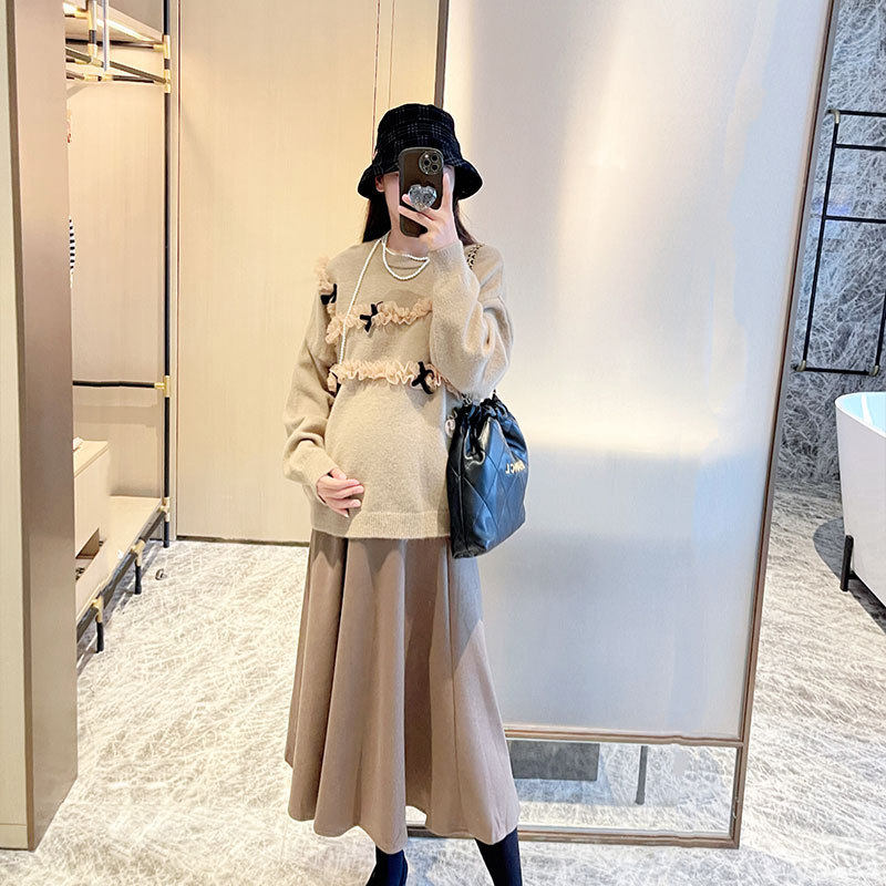 法国cherry kitty秋冬孕妇套装时尚蝴蝶结网纱洋气毛衣上衣时髦