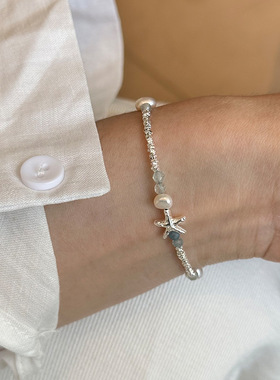 日系cherry kitty925银不规则海星珍珠手链女手工设计百搭碎银子