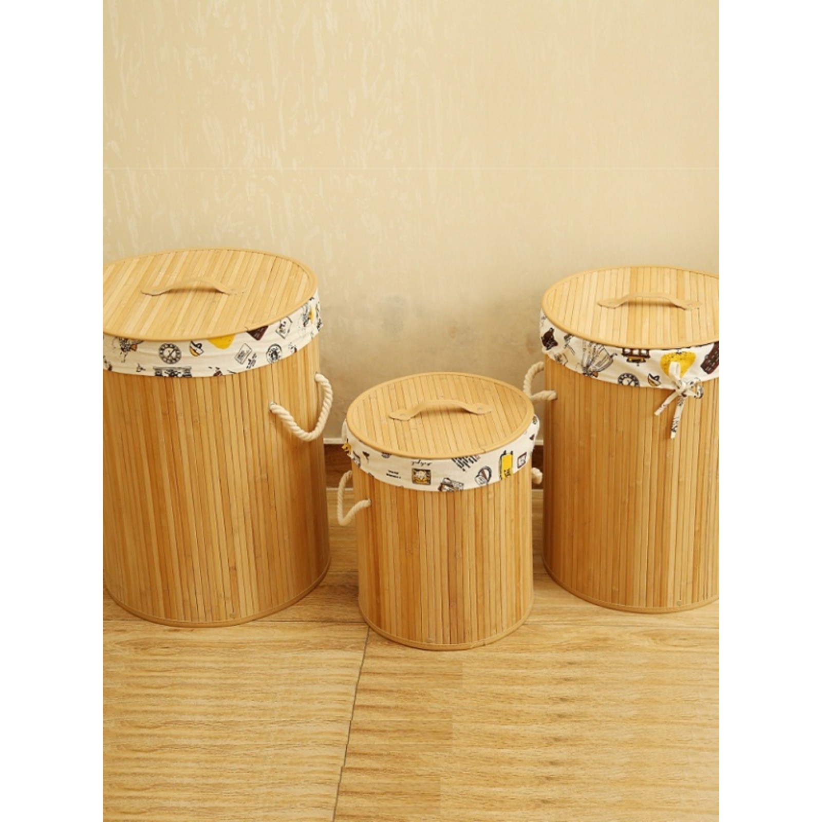 圆收纳桶带盖脏衣篓竹编折叠筐田园布艺洗衣篮玩具整理储物箱编织