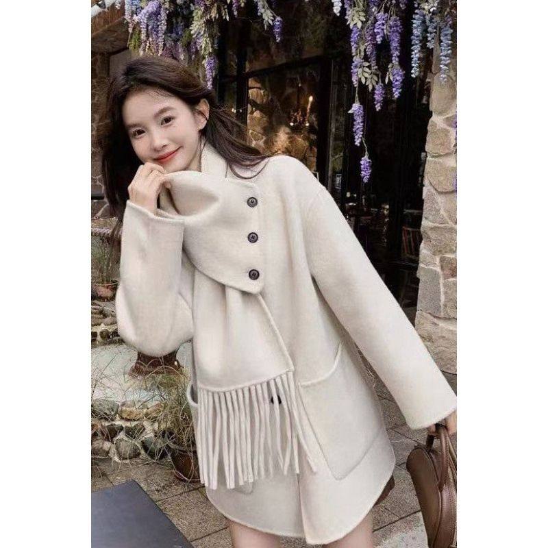 24冬季新款围巾领韩版小个子设计感毛呢短款大衣两件套1089款