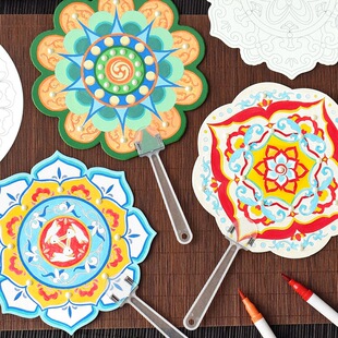 国风敦煌藻井手工diy扇子填色贺卡幼儿园儿童制作团扇卡片材料包