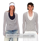 T恤上衣女春季 出逃赤岗西 莱赛尔撞色条纹假两件拼接背心荡领长袖