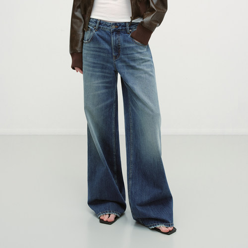 复古做旧蓝水洗直筒牛仔阔腿裤女