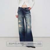 直筒长裤 女秋季 子 复古做旧蓝赤耳红边破洞阔腿牛仔裤 出逃赤岗西