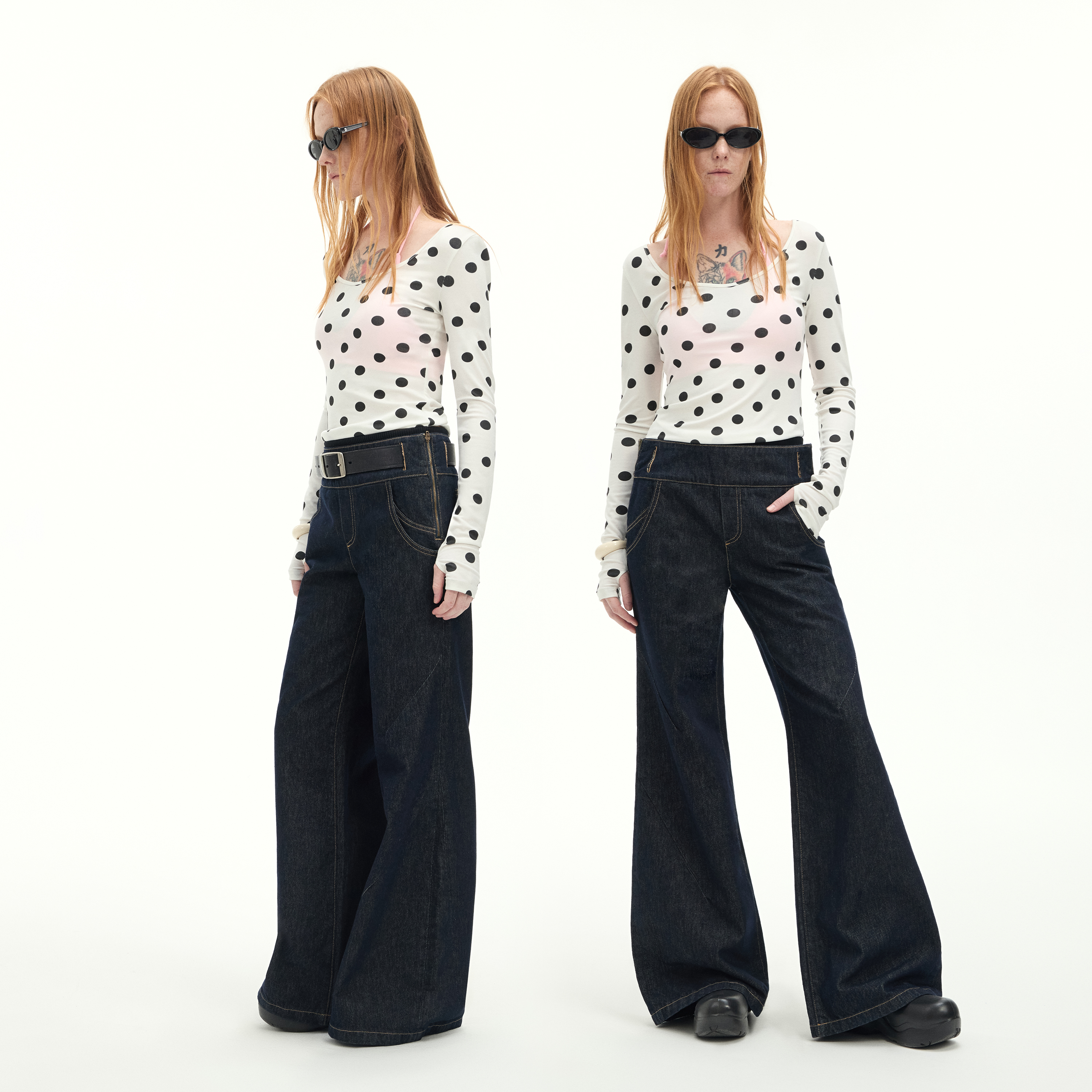 原牛侧拉链弹力腰廓形微喇牛仔裤