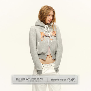 出逃赤岗西 灰色小狗印花短款连帽卫衣外套女款秋冬休闲正肩上衣