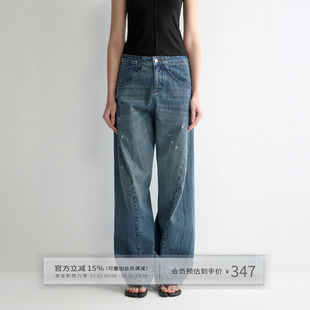 夏 女竖竹纯棉低腰直筒阔腿裤 出逃赤岗西 复古蓝微弯刀破洞牛仔裤