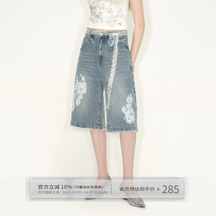 出逃赤岗西 夏季 女蕾丝印花显瘦阔腿中裤 原创设计感牛仔六分短裤