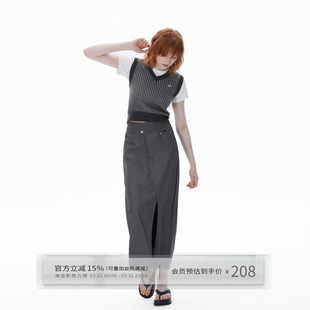 半身裙 长裙复古错位腰头显瘦A字中长款 出逃赤岗西 设计感开衩西装