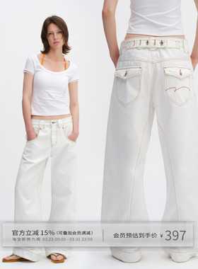 出逃赤岗西 白色巴黎扣廓形LEJ版型微弯刀牛仔裤女中腰宽松阔腿裤