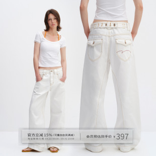 女中腰宽松阔腿裤 型微弯刀牛仔裤 白色巴黎扣廓形LEJ版 出逃赤岗西