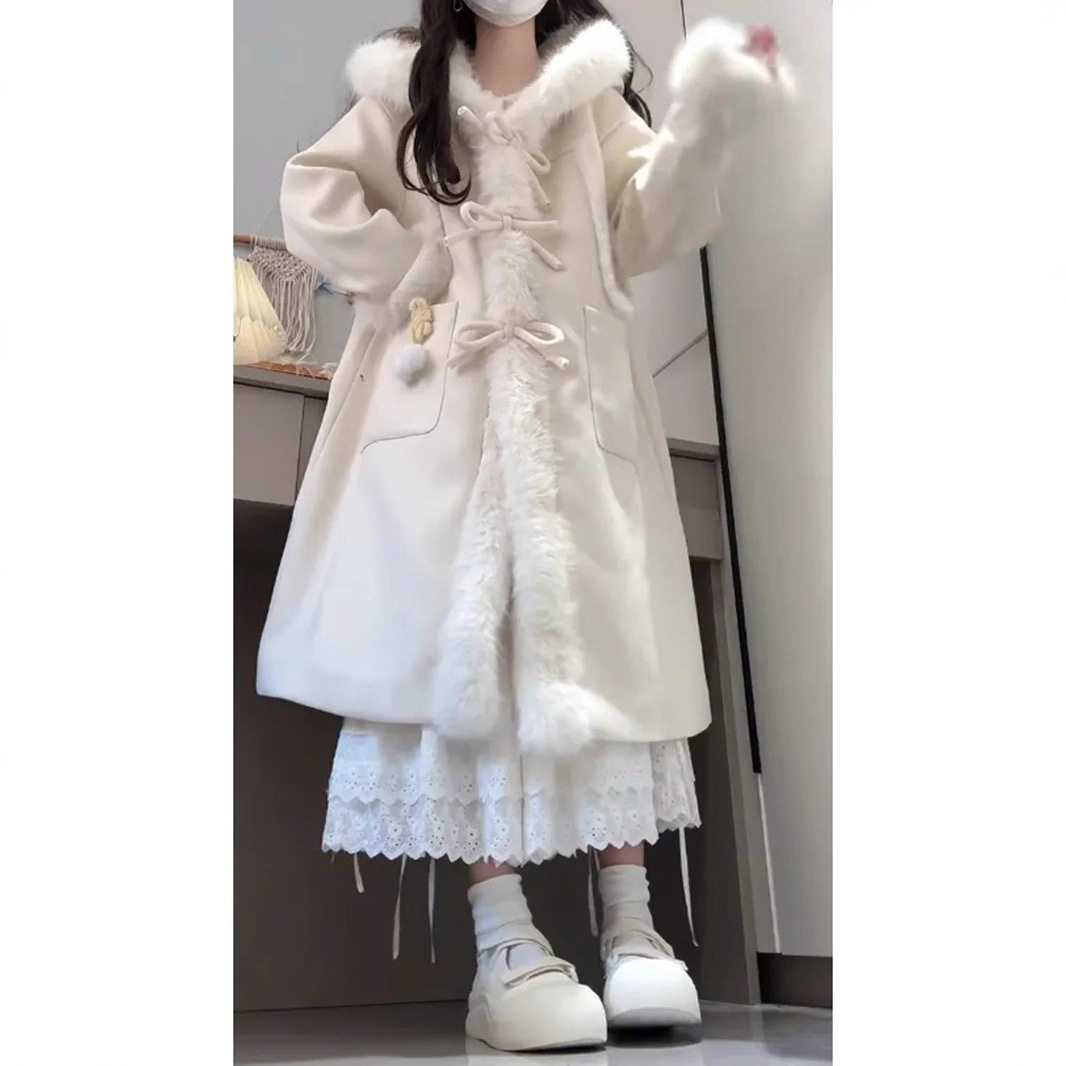 甜美毛毛拼接毛呢外套女冬季20毛呢外套
