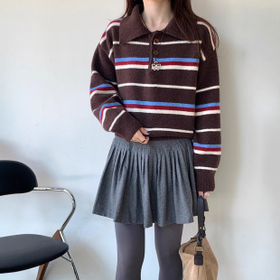 上衣 百搭宽松显瘦撞色长袖 条纹毛衣女秋季 外穿内搭polo领针织衫