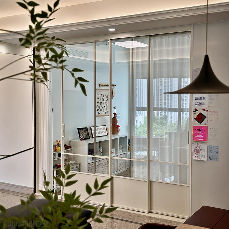 奶油中古风法式白色复古门三联动厨房推拉门客厅阳台隔断玻璃移门