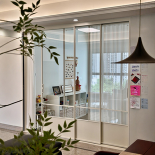 奶油中古风法式 白色复古门三联动厨房推拉门客厅阳台隔断玻璃移门