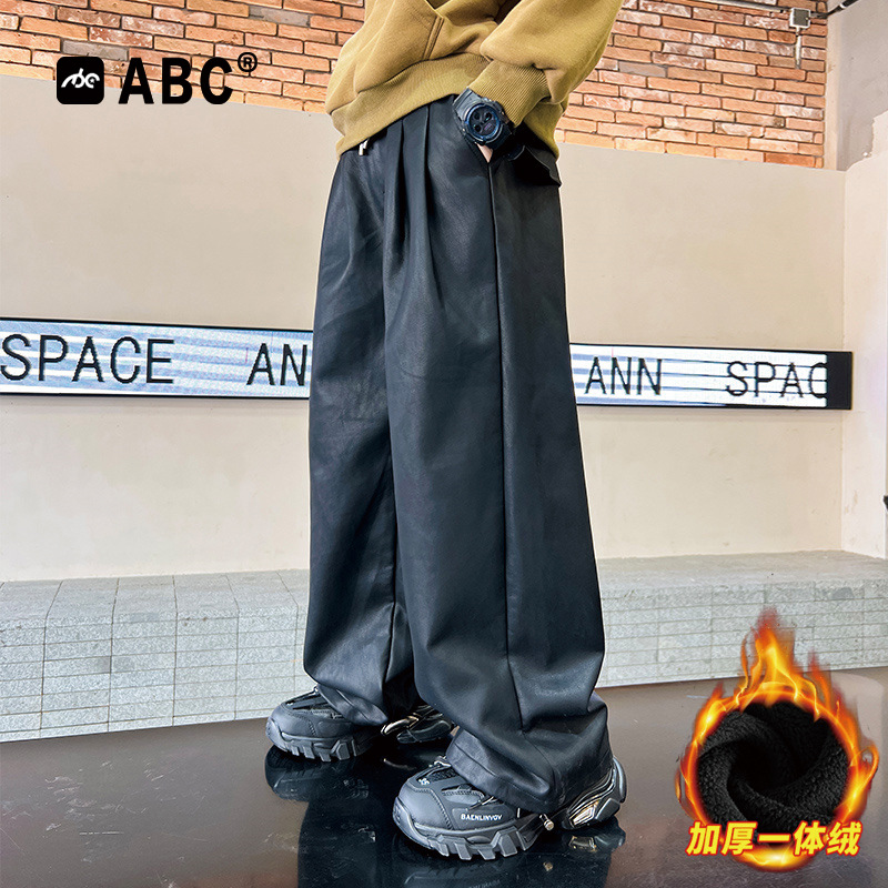 ABC男童加绒皮裤秋冬新款