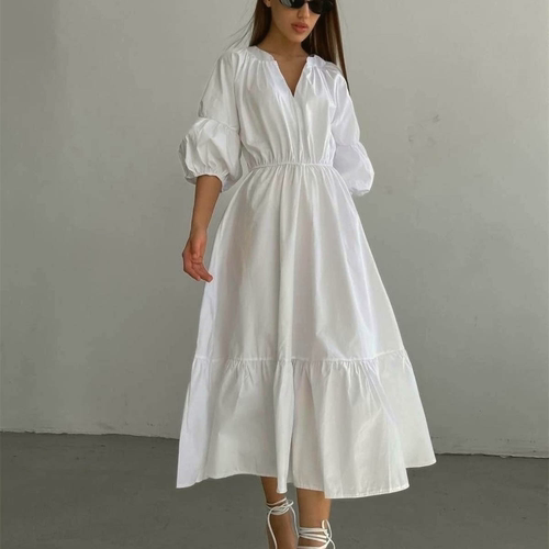 French Mid sleeved Women's Split Dress法式中袖女开叉连衣裙