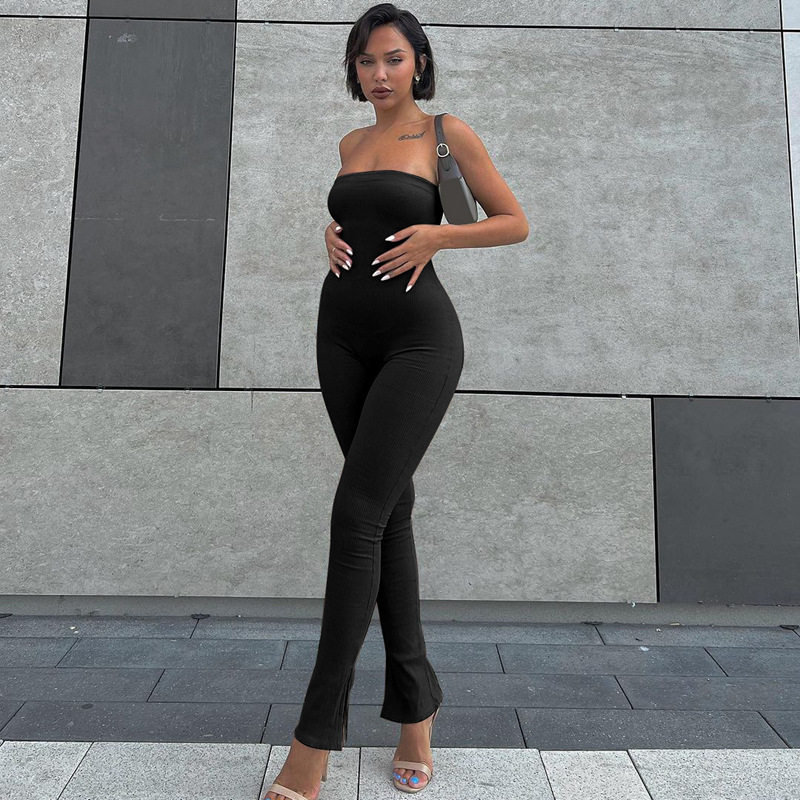 Straight neck solid color pants小坑条抹胸连体裤一字领长裤女