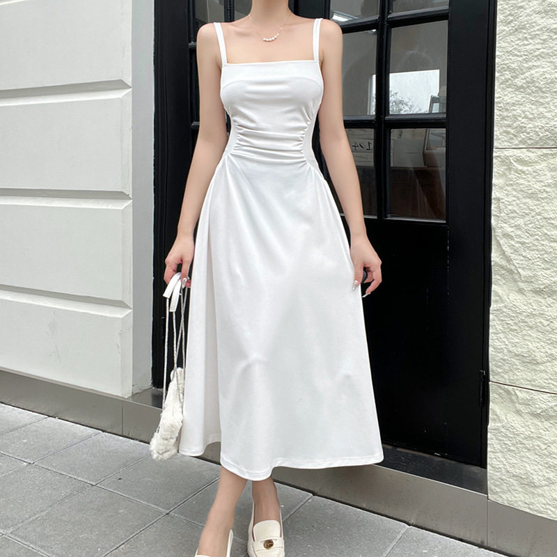 Waist pleated drawstring A-line dress腰部缩褶吊带A摆连衣裙女