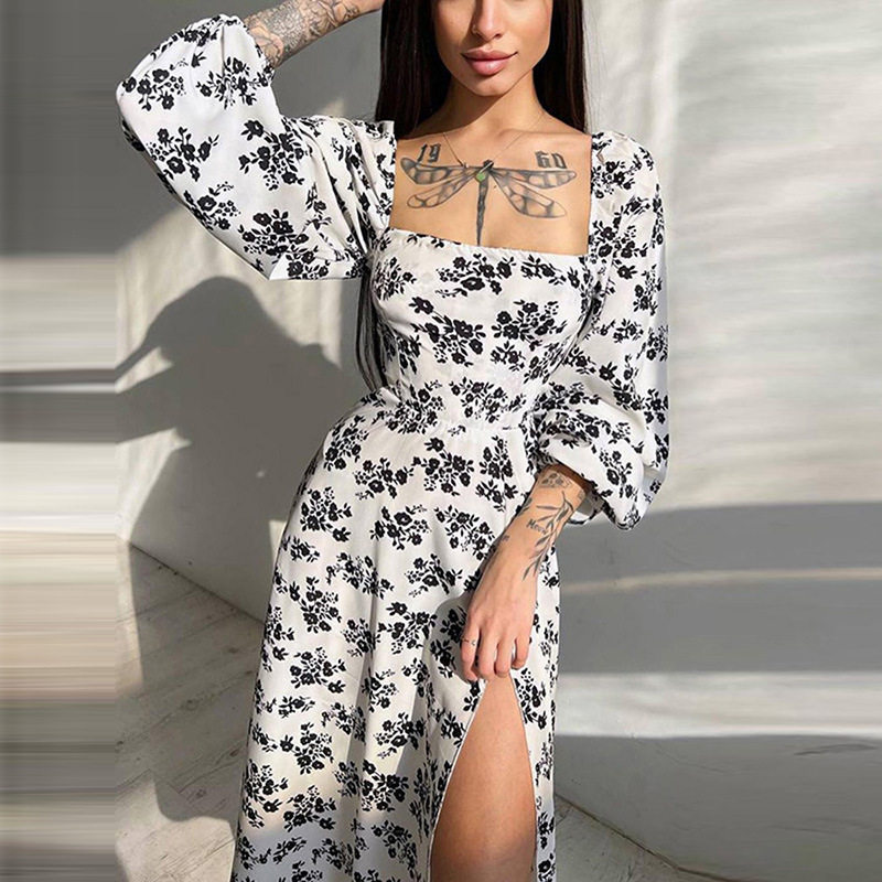 Cross border printed lantern sleeve slit dress for women