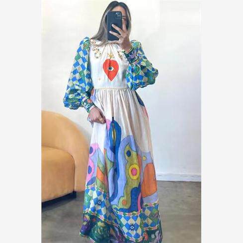 Long Macaron dress with lantern sleeves for women