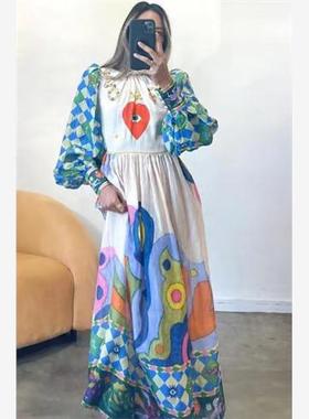 Long Macaron dress with lantern sleeves for women