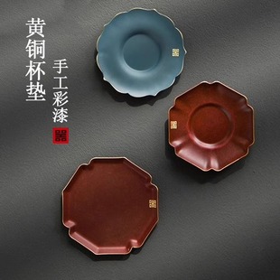 铜木香茶托杯垫家用黄铜隔热杯托茶垫中式复古茶道功夫茶具零配件