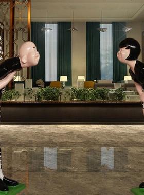 玻璃钢鞠躬彩绘迎宾人物雕塑酒店KTV餐厅开业门口招财树脂摆件