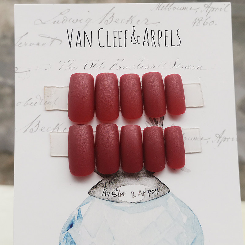 中长方-外单/深红色哑光磨砂穿戴甲个性辣妹假指甲贴片