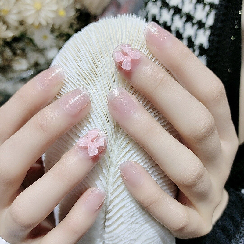 珠光透粉蝴蝶结穿戴甲~优雅少女2022年春夏季短款美甲假指甲贴片