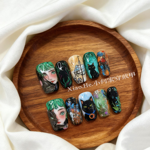 原创【 中古浅苔】小何家纯手工穿戴甲·高级手绘美甲贴片