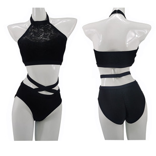 HOPEWIN钢管舞黑色演出服成人女性感挂脖分体紧身中腰练功服现代