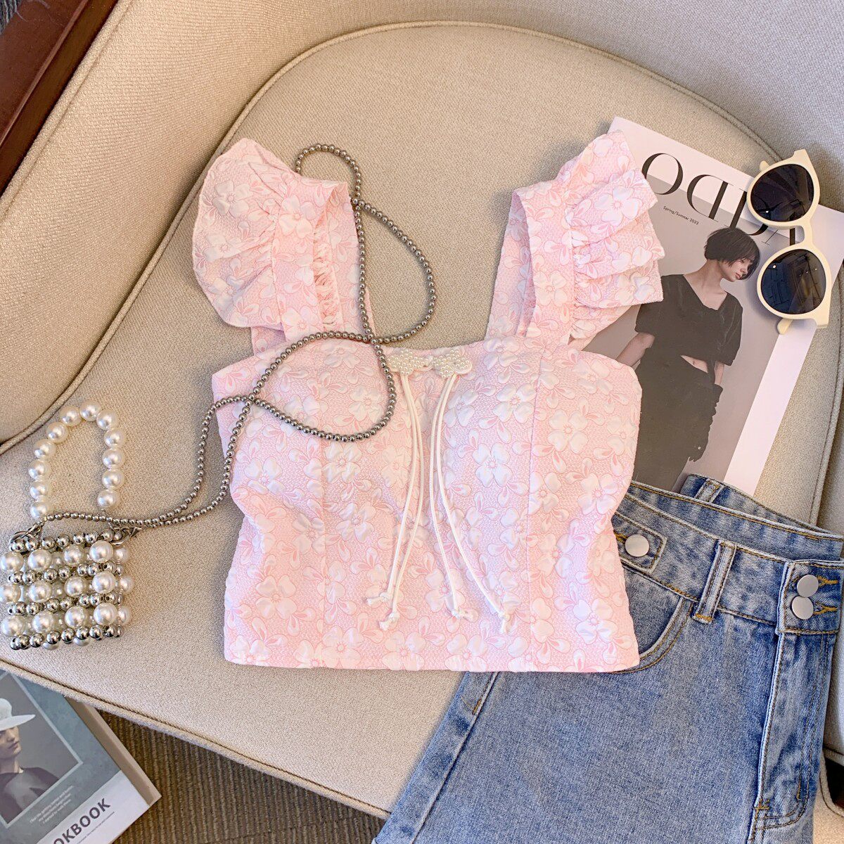 SHIYIGE 프랑스어 달콤한 파란색 활 작은 비행 소매 서스펜더 여름 새로운 슬림 슬리밍 그물 연예인 조끼