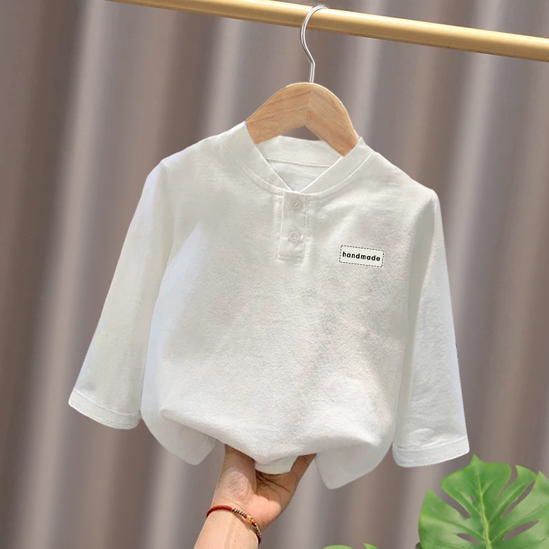 春秋新款卡通趣味印花POLO衫男女童亨利领白色长袖T恤纯棉打底衫