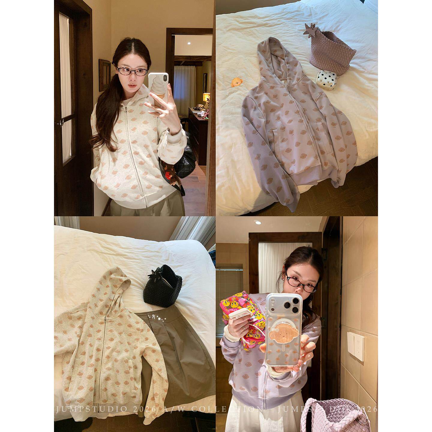 草莓跳 美式复古小狗印花连帽卫衣女秋季宽松显瘦百搭开衫外套