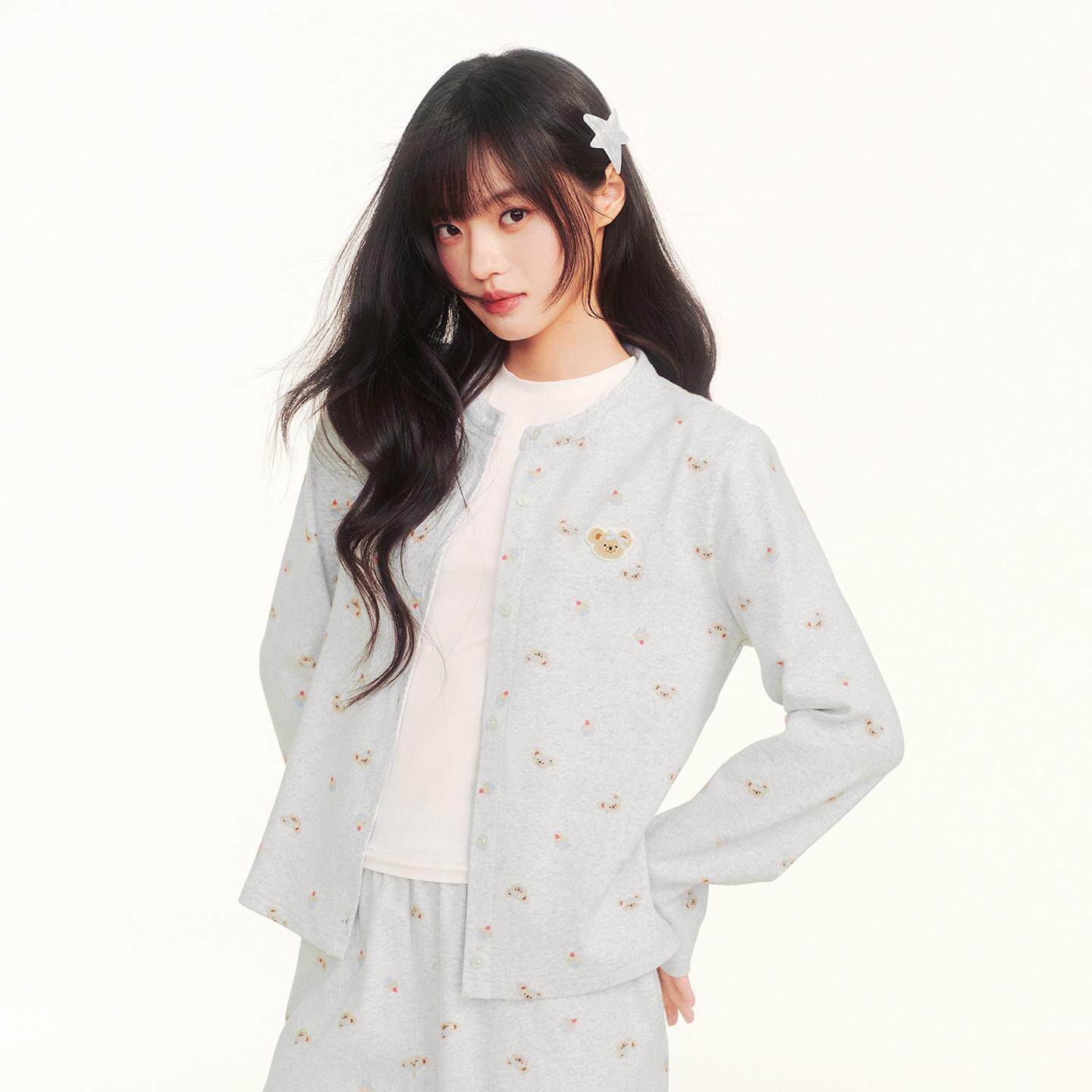 PSO Brand女装奶芙小熊少女风圆领宽松长袖女t恤针织开衫上衣外套
