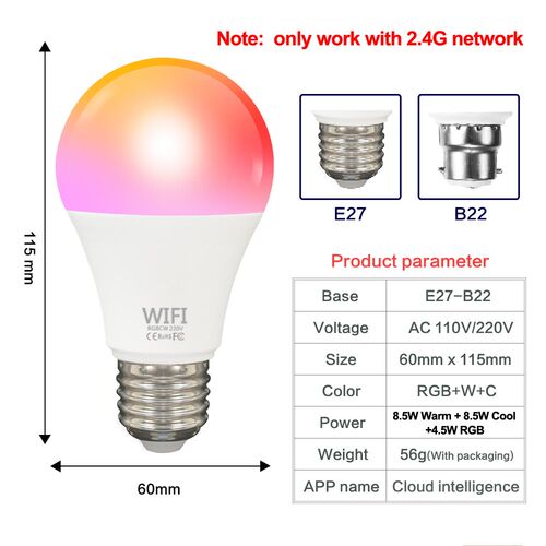 WiFi Smart Light Bulb B22 E27 LED RGB Lamp Work with Alexa/