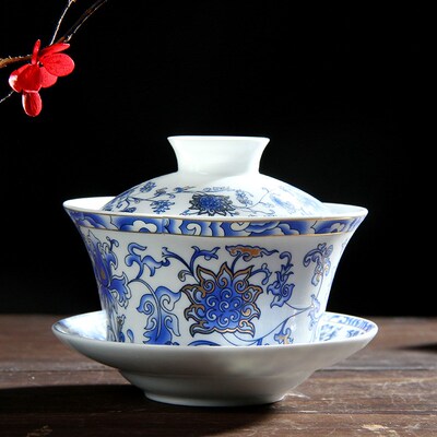 Large Blue and White Porcelain Gaiwan 250ml Ceramic Cover Bo